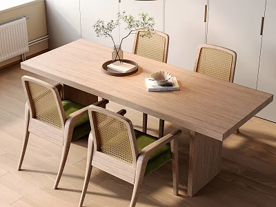 Light Wood Dining Table Set with Wicker Back Chairs Green Cushions Vase Tray and Book 3d model