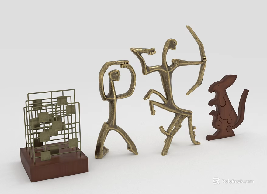Decorative Ornament Set With Metal Human Figures Archer Like Statues And Wooden Base Rabbit Sculpture 3d model 
