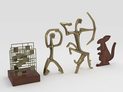 Decorative Ornament Set With Metal Human Figures Archer Like Statues And Wooden Base Rabbit Sculpture 3d model
