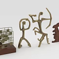 Decorative Ornament Set With Metal Human Figures Archer Like Statues And Wooden Base Rabbit Sculpture