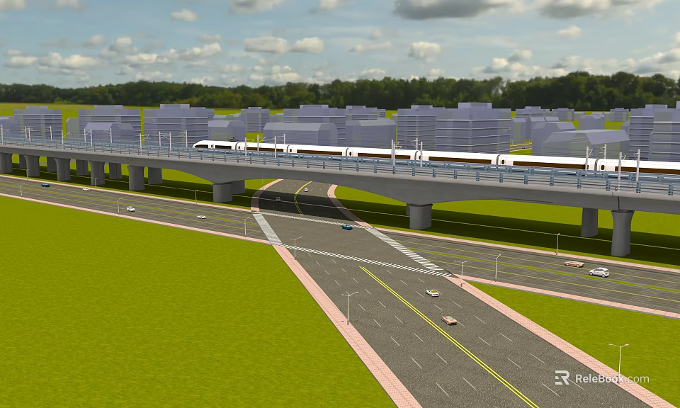 Modern Urban Road Infrastructure With Elevated Viaduct High Speed Train And Highway Vehicles 3d model 