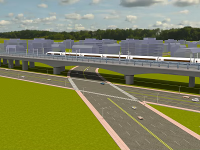 Modern Urban Road Infrastructure With Elevated Viaduct High Speed Train And Highway Vehicles 3d model