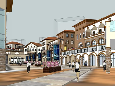 European Style Commercial Street Featuring Pedestrian Plaza Shops Pedestrians And Decorative Elements 3d model