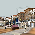 European Style Commercial Street Featuring Pedestrian Plaza Shops Pedestrians And Decorative Elements