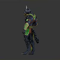 Panther Themed Warrior Character With Green Gold Accents And Decorative Staff