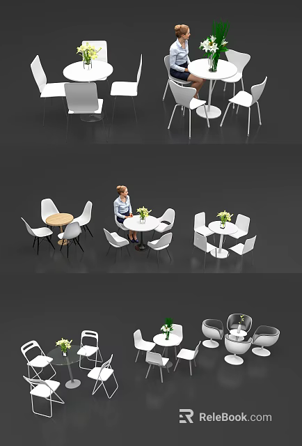 Modern Round Table and Chair Set With White Chairs And Flower Vase For Indoor Dining 3d model 