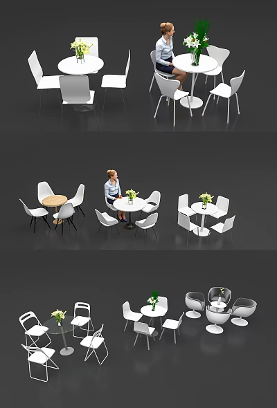 Modern Round Table and Chair Set With White Chairs And Flower Vase For Indoor Dining 3d model