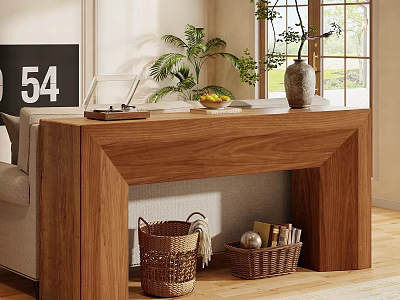 Wooden Entryway Console Table With Decorative Vase Fruit Bowl And Wicker Baskets 3d model