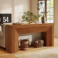 Wooden Entryway Console Table With Decorative Vase Fruit Bowl And Wicker Baskets