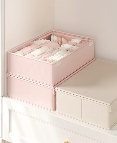 Pink Stackable Storage Bins with Folded Clothes in Bedroom Closet 3d model