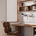 Modern Study Room Interior With Wooden Shelves Desk Brown Leather Chair And Window Blinds