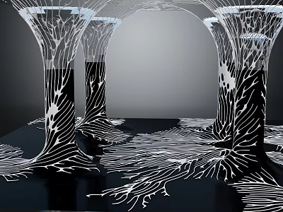 Future Architecture Featuring Tree Like Columns And Illuminated Organic Patterns On Reflective Surface 3d model
