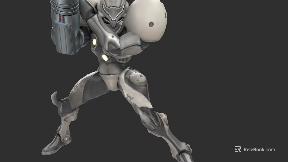 Futuristic Robotic Game Movie Character In Battle Stance With Metallic Armor And Weapon 3d model 