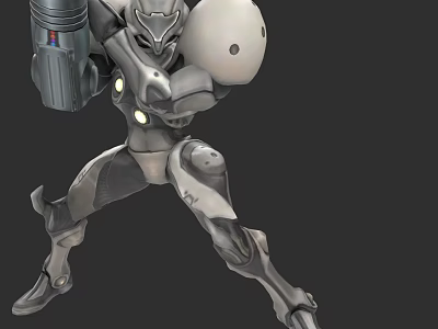 Futuristic Robotic Game Movie Character In Battle Stance With Metallic Armor And Weapon 3d model