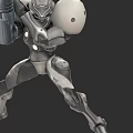 Futuristic Robotic Game Movie Character In Battle Stance With Metallic Armor And Weapon