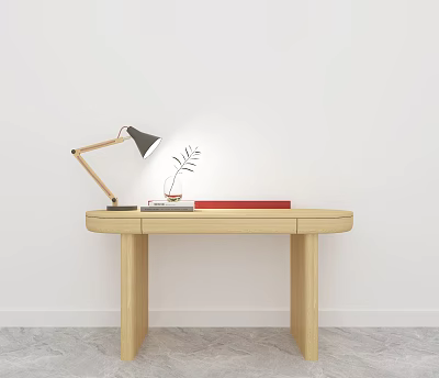 Wooden Desk Interior With Table Lamp Books And Small Plant On White Wall 3d model