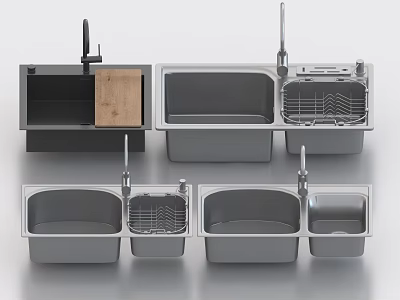 Modern Kitchen Sink Designs With Faucet Drainer Rack And Multiple Basins 3d model