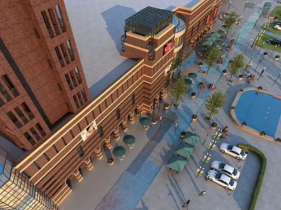 Commercial Street With Red Brick Buildings Outdoor Seating Green Plants Fountain Parking Lot And Vehicles 3d model