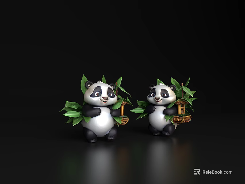 Two Cute Turtle Figurines Holding Green Leaves And Small Baskets On Black Surface 3d model 