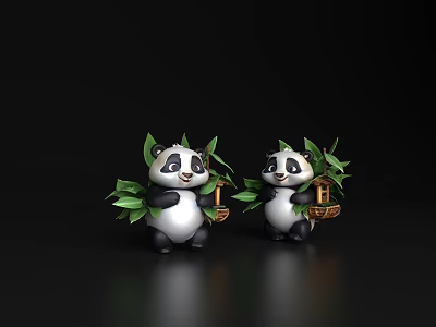 Two Cute Turtle Figurines Holding Green Leaves And Small Baskets On Black Surface 3d model