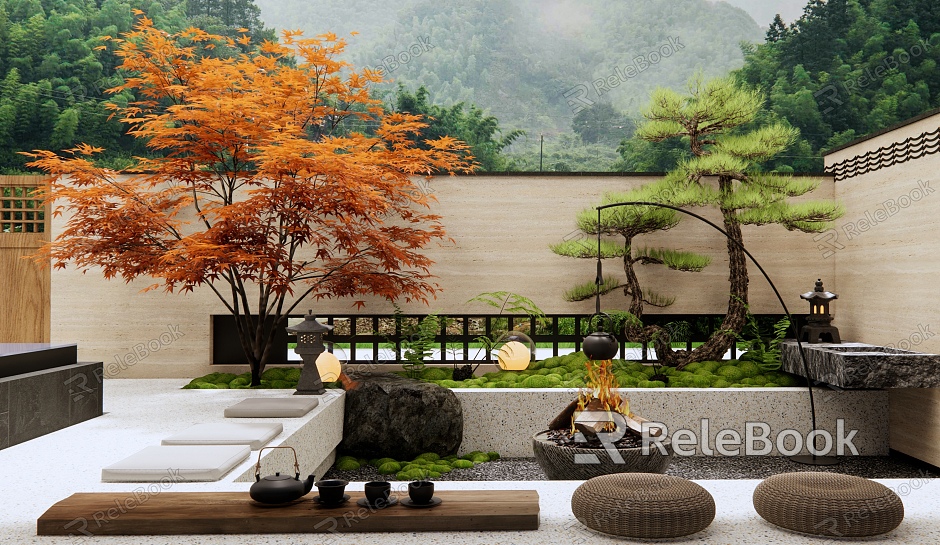 Japanese style sunken courtyard landscape pine moss landscape landscaping red maple home yard model