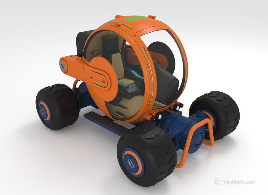 Orange Futuristic Off Road Vehicle With Transparent Cabin And Large Tires 3d model 