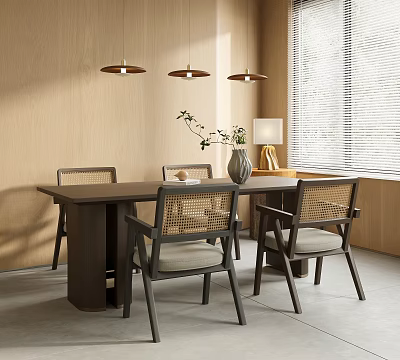 Modern Dark Wooden Dining Table Set With Rattan Chairs Pendant Lights And Window Blinds 3d model