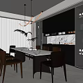 Modern Restaurant Interior Design With Dining Table Chairs Pendant Lights Dark Cabinets And Marble Countertop