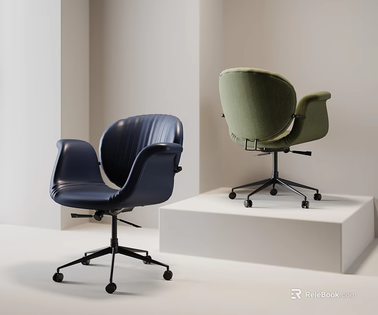 Modern Blue And Green Upholstered Office Chairs With Wheeled Base On White Display Stand 3d model 