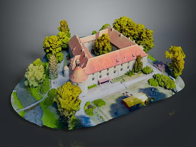 Traditional Ancient Architecture Model Featuring Red Tile Roof Courtyard Surrounded by Green Trees 3d model