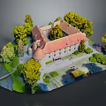 Traditional Ancient Architecture Model Featuring Red Tile Roof Courtyard Surrounded by Green Trees