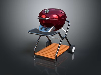 Red Outdoor Grill with Stand Wheels and Wooden Base Modern Design for Backyard Cooking 3d model