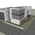 Modern Detached Villa With Glass Facade White Exterior Green Lawn And Trees