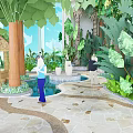 Tropical Garden Landscape with Palm Trees Circular Fountain Stone Paved Path and People Walking