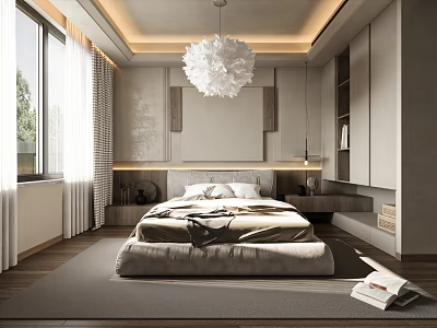 Modern Bedroom Interior With Platform Bed White Pendant Light Large Window And Built in Wardrobe 3d model
