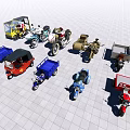 Various Motorcycles and Tricycles in Different Colors Displayed on Tiled Ground
