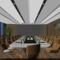 Modern Conference Room Interior With Long Table Yellow Chairs Large Windows Green Plant And Wall Art