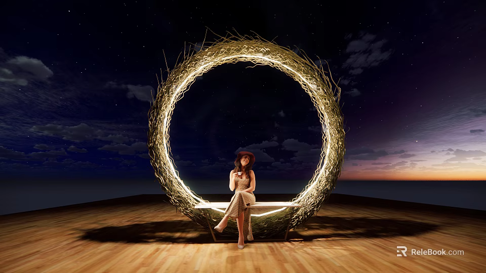 Circular Woven Illuminated Landscape Seat With Night Sky And Wooden Floor 3d model 