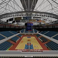Modern Basketball Arena Interior Design Featuring Blue Seats Basketball Court And Scoreboard