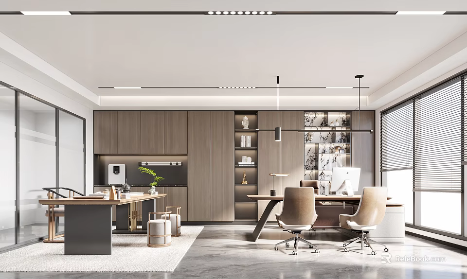 Modern Office Interior With Wooden Cabinets Desks Ergonomic Chairs And Hanging Lights 3d model 