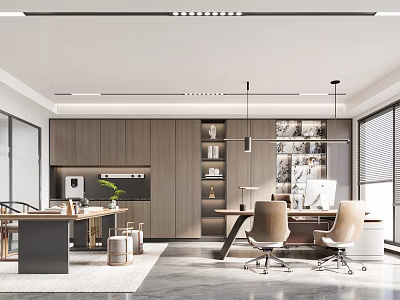 Modern Office Interior With Wooden Cabinets Desks Ergonomic Chairs And Hanging Lights 3d model