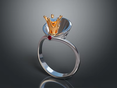 Silver Ring With Golden Crown Design And Red Gemstone Lifestyle Accessory 3d model