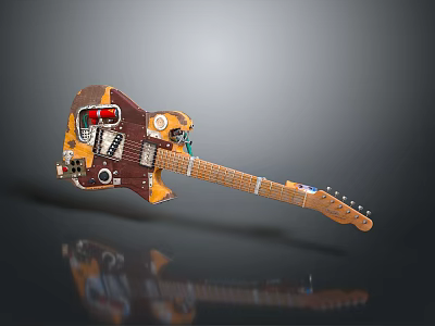 Upcycled Daily Life Items Vintage Guitar With Orange Brown Radio Knob Handmade Parts 3d model