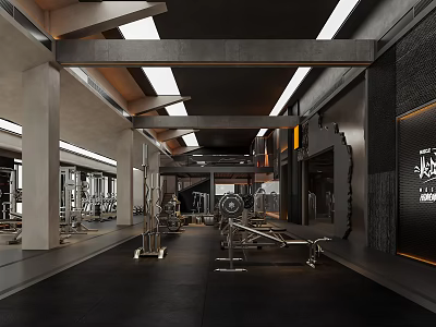 Modern Gym Interior With Weightlifting Equipment And Fitness Machines Metal Ceiling Structure And Black Flooring 3d model