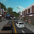 Vibrant Commercial Street with Modern and Traditional Architecture Store Signs Cars Pedestrians Bicycles Green Trees