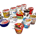 Assorted Flavors of Instant Cup Noodles with Diverse Brand Packaging and Toppings
