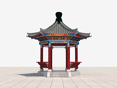 Chinese Traditional Pavilion Featuring Red Pillars Gray Tiled Roof And Ornate Upturned Eaves 3d model