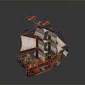 Wooden Sailing Ship Water Transport With Two Masts White Sails And Red Flags