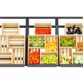 Display Shelf with Multiple Wooden Crates Filled with Assorted Fruits and Vegetables