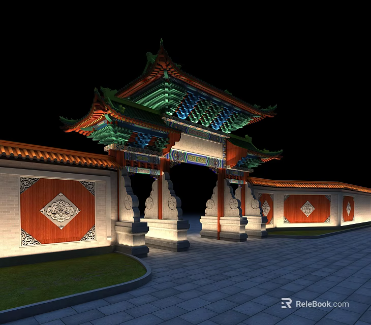 Traditional Chinese Entrance Gate With Green Red Roof And Diamond Patterned Walls Illuminated At Night 3d model 
